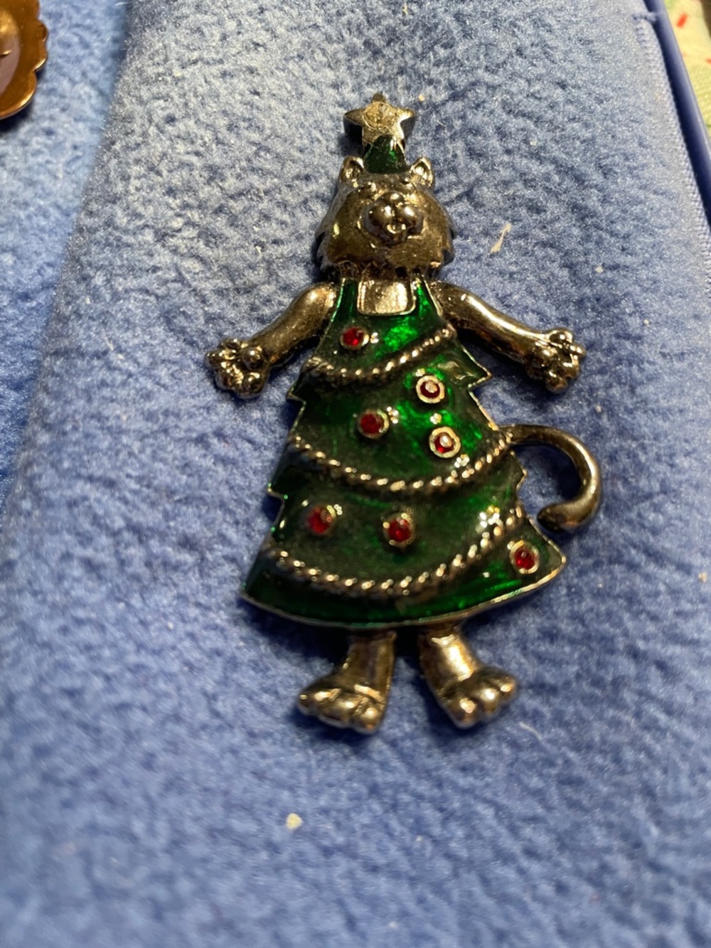 Holiday Cat Christmas Tree Brooch - Green and Red Enamel